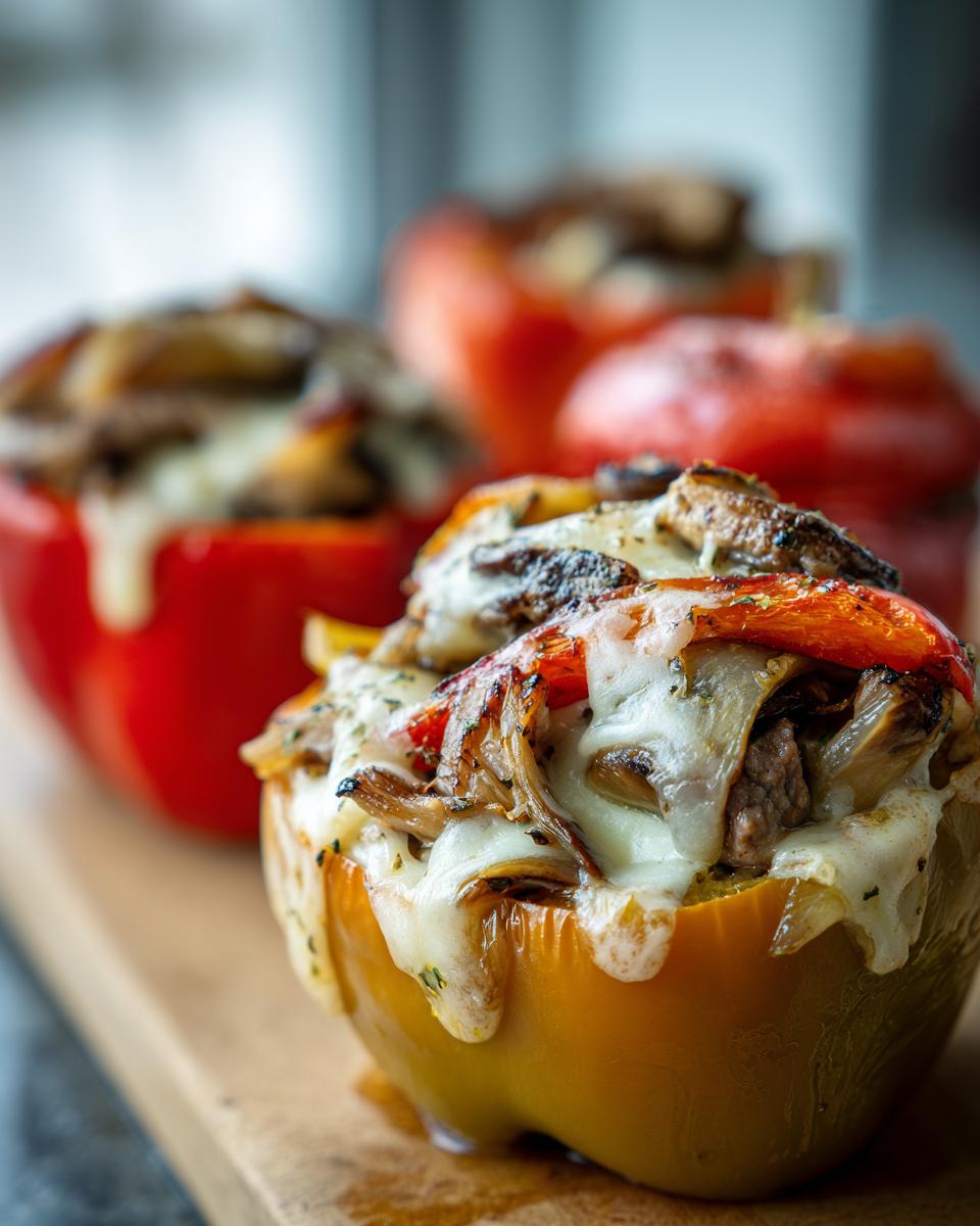 Close-up of a yellow philly cheesesteak stuffed pepper topped with melted white cheese, grilled onions, and mushrooms.