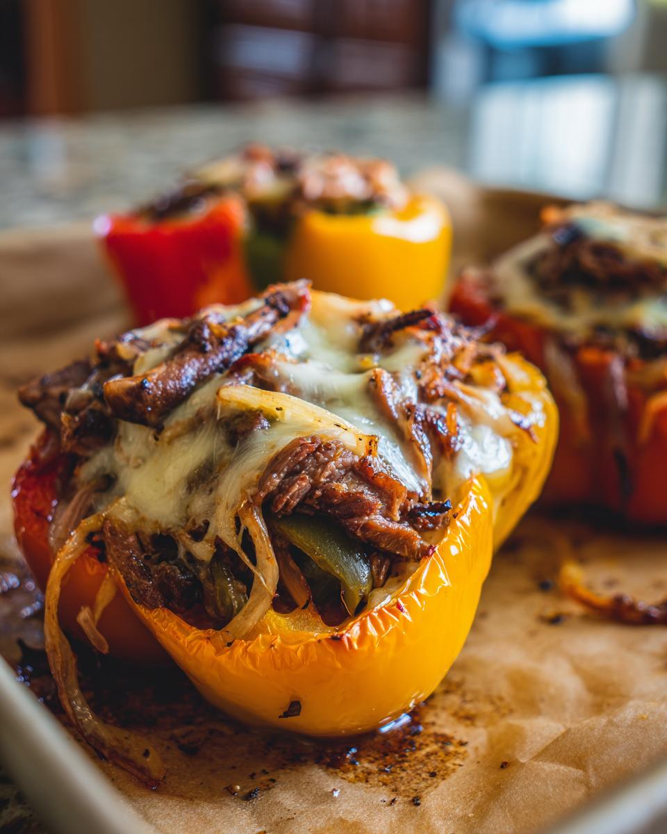 Close-up of a baked yellow bell pepper stuffed with steak, onions, and melted cheese, part of the philly cheesesteak stuffed peppers recipe.