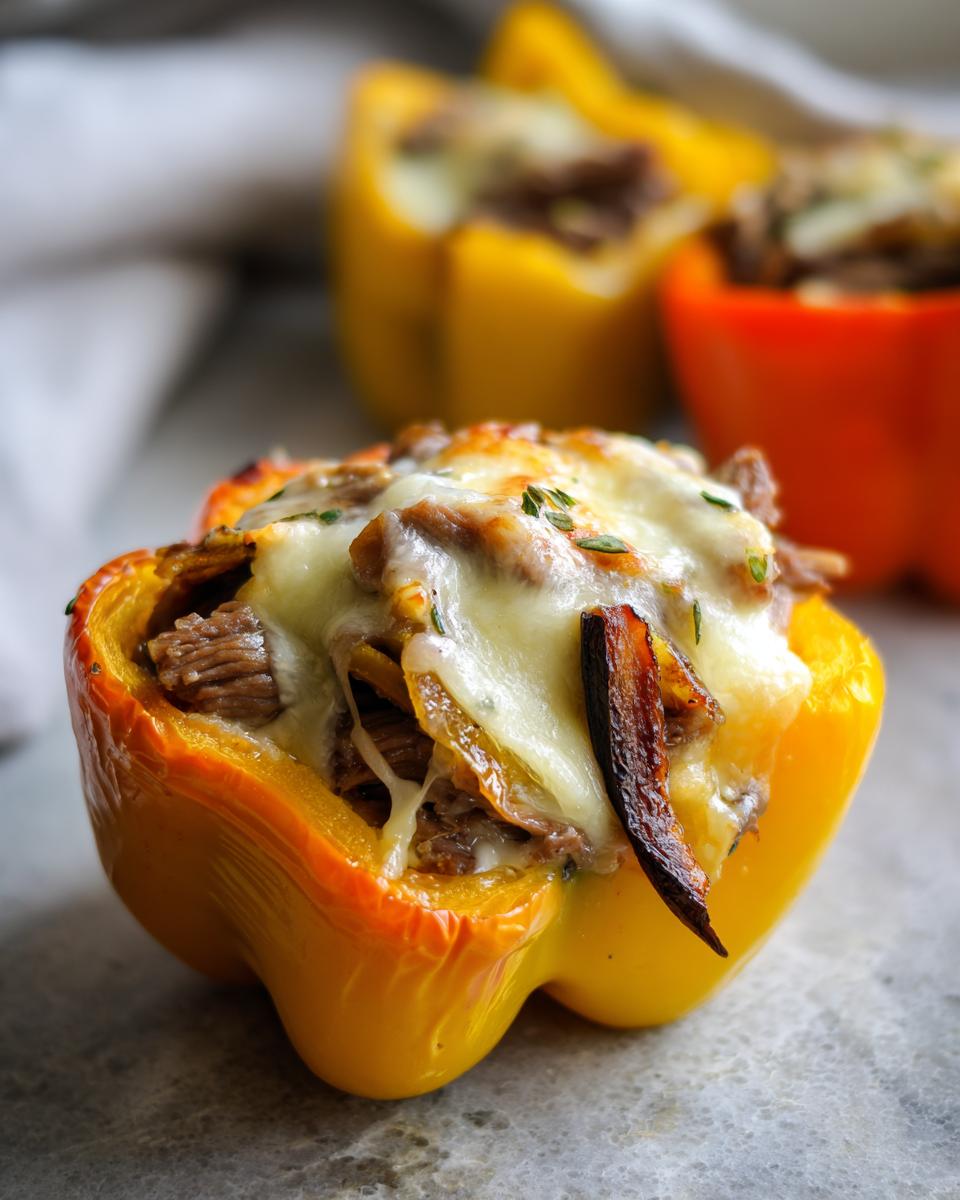 A close-up of a baked yellow bell pepper stuffed with steak, onions, and melted provolone cheese, a perfect philly cheesesteak stuffed pepper.