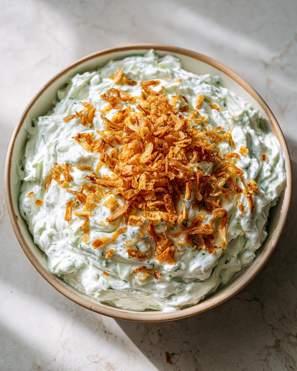 A creamy, light green pickle dip served in a bowl, generously topped with crispy fried onions.