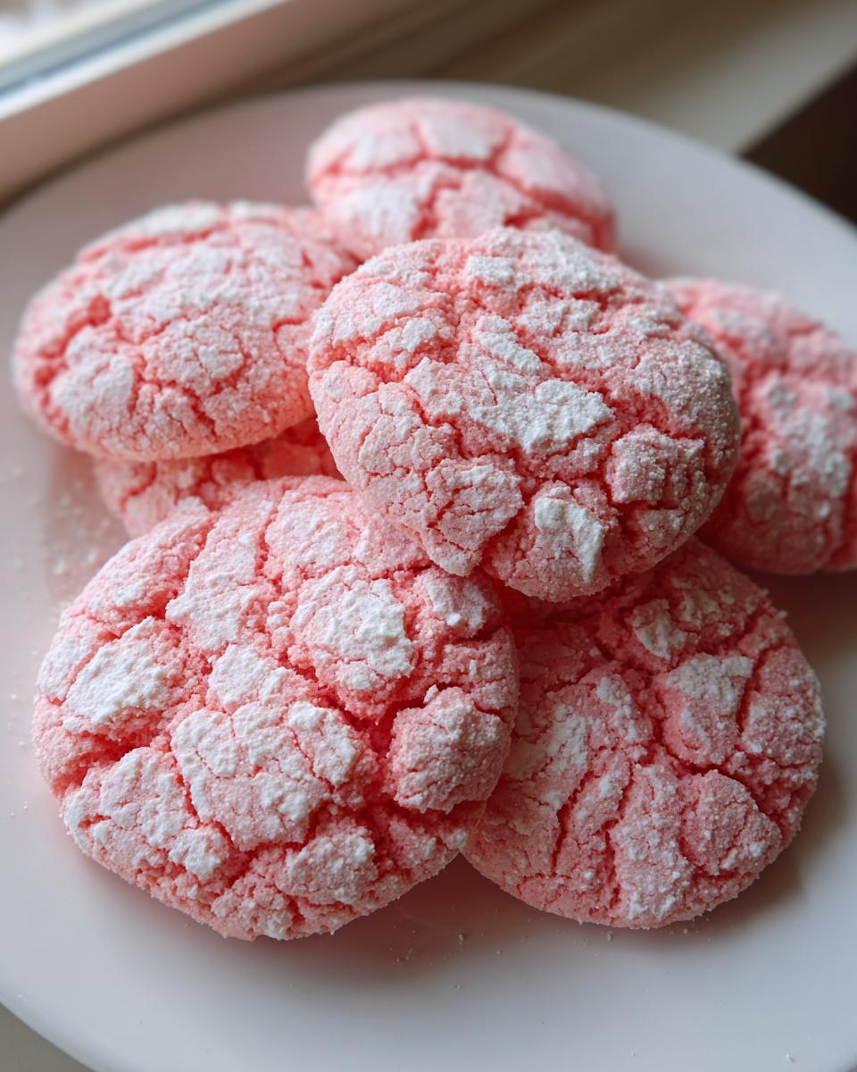 Close-up of several pink, crinkle-topped strawberry cake mix cookies dusted heavily with powdered sugar on a white plate.