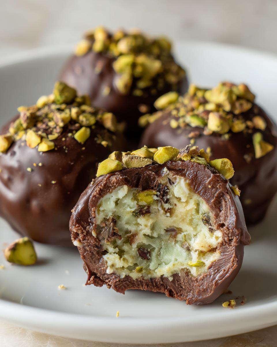 Close-up of one cut open Dubai Chocolate Balls showing the creamy pistachio filling and dark chocolate coating topped with chopped nuts.