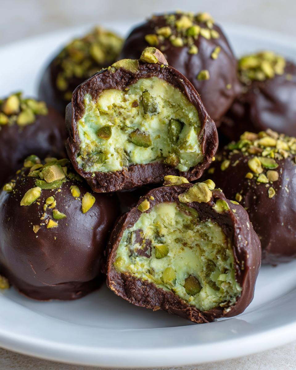 A close-up of several rich, dark chocolate-coated dubai chocolate balls, one cut open to reveal a creamy, pistachio-filled center topped with chopped pistachios.