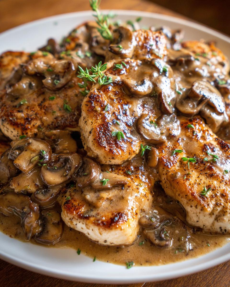 Close-up of perfectly seared chicken marsala breasts smothered in a creamy mushroom sauce and garnished with thyme.