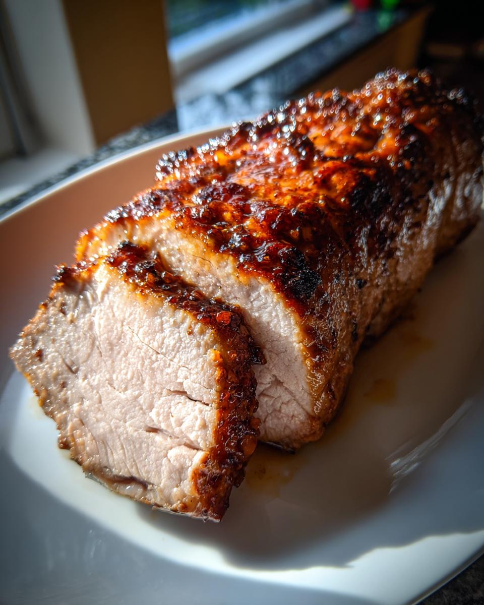 Close-up of a glazed and roasted pork tenderloin recipe, sliced to show juicy, light pink interior.