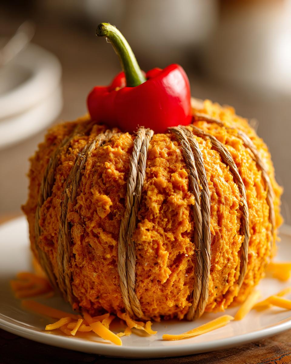 A vibrant orange pumpkin cheese ball decorated with twine to look like a pumpkin, topped with a red pepper stem.