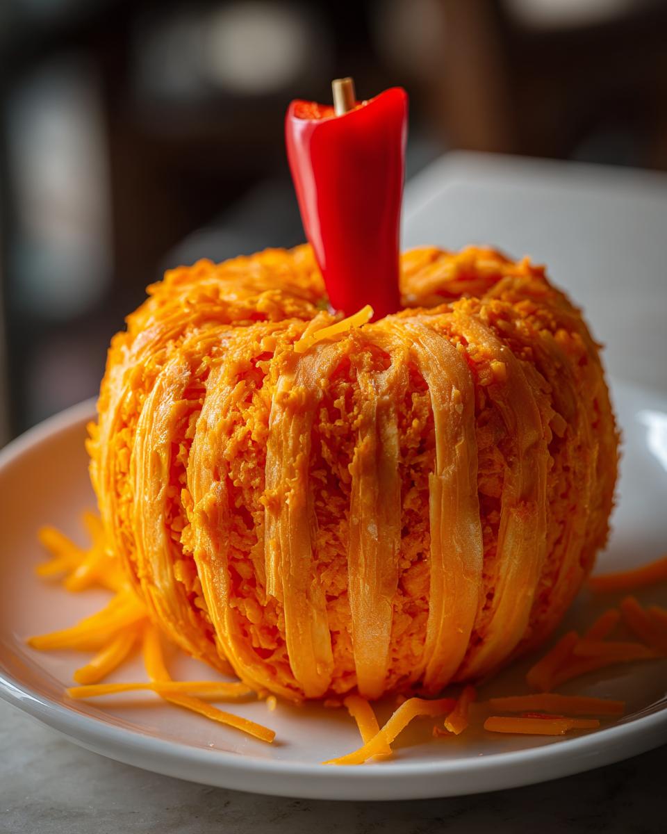 A vibrant orange pumpkin cheese ball decorated with vertical cheese strips and topped with a red pepper stem.