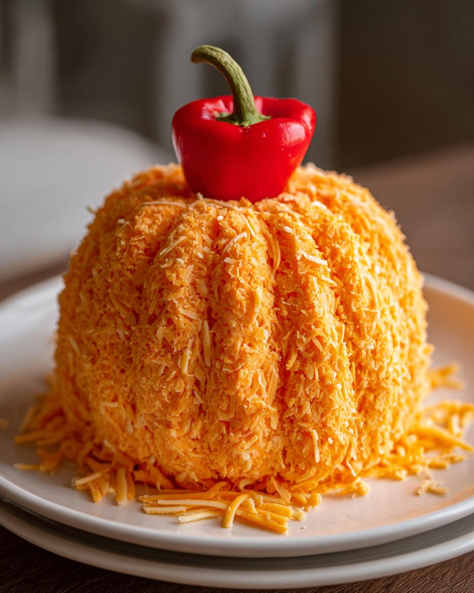 A vibrant orange pumpkin cheese ball coated in shredded cheddar, topped with a small red pepper as a stem.