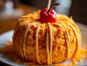 A vibrant orange pumpkin cheese ball decorated with twine to mimic pumpkin ribs and topped with a small red pepper stem.