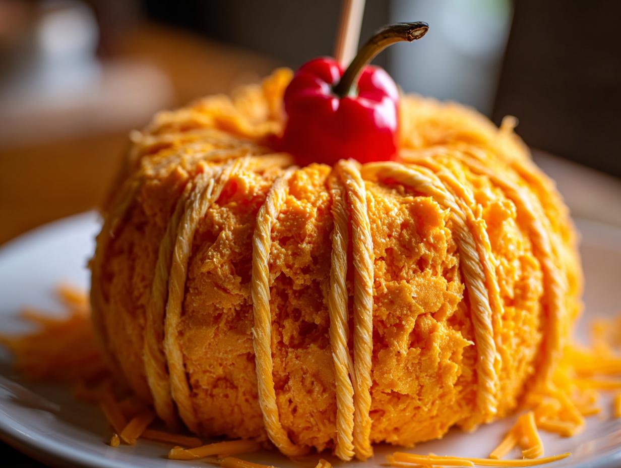 A vibrant orange pumpkin cheese ball decorated with twine to mimic pumpkin ribs and topped with a small red pepper stem.