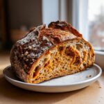 A close-up of a freshly baked pumpkin sourdough loaf cut in half, showing the vibrant orange crumb texture.