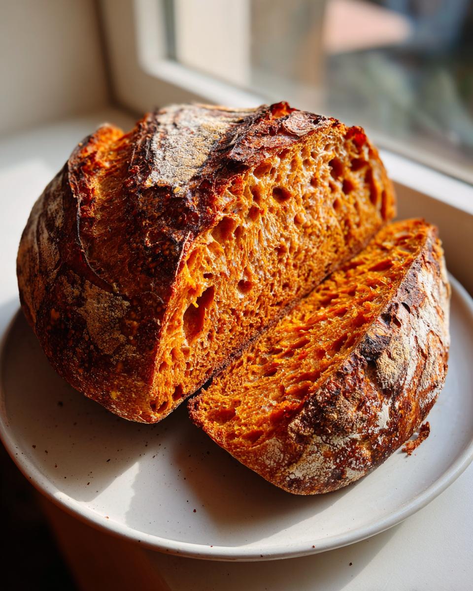 Close-up of a deeply colored, open-crumb pumpkin sourdough loaf, sliced open on a plate.