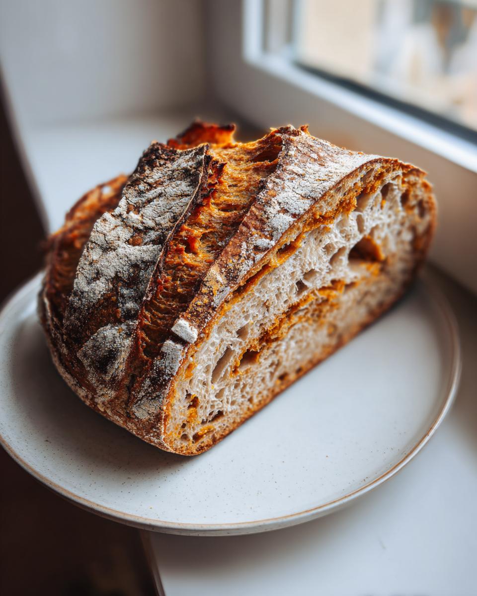 A freshly baked, scored loaf of pumpkin sourdough bread, showing its orange-tinted crumb, resting on a light ceramic plate.