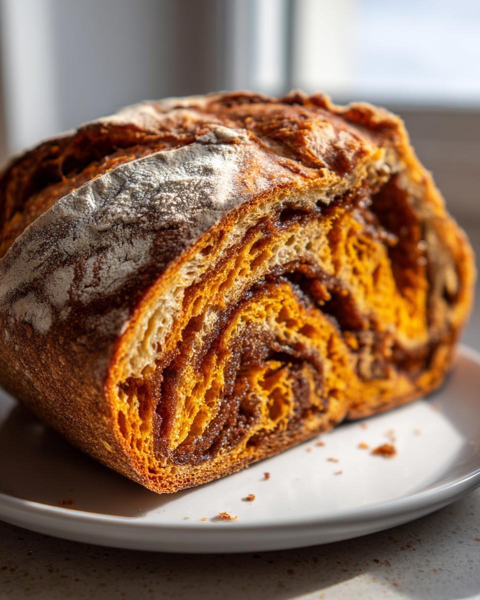 Close-up of a freshly baked pumpkin sourdough loaf cut in half, showing vibrant orange crumb and dark cinnamon swirl filling.
