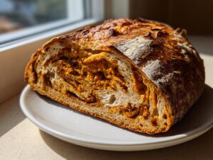 A loaf of freshly baked pumpkin sourdough bread, cut open to show a rich orange swirl filling, resting on a white plate.