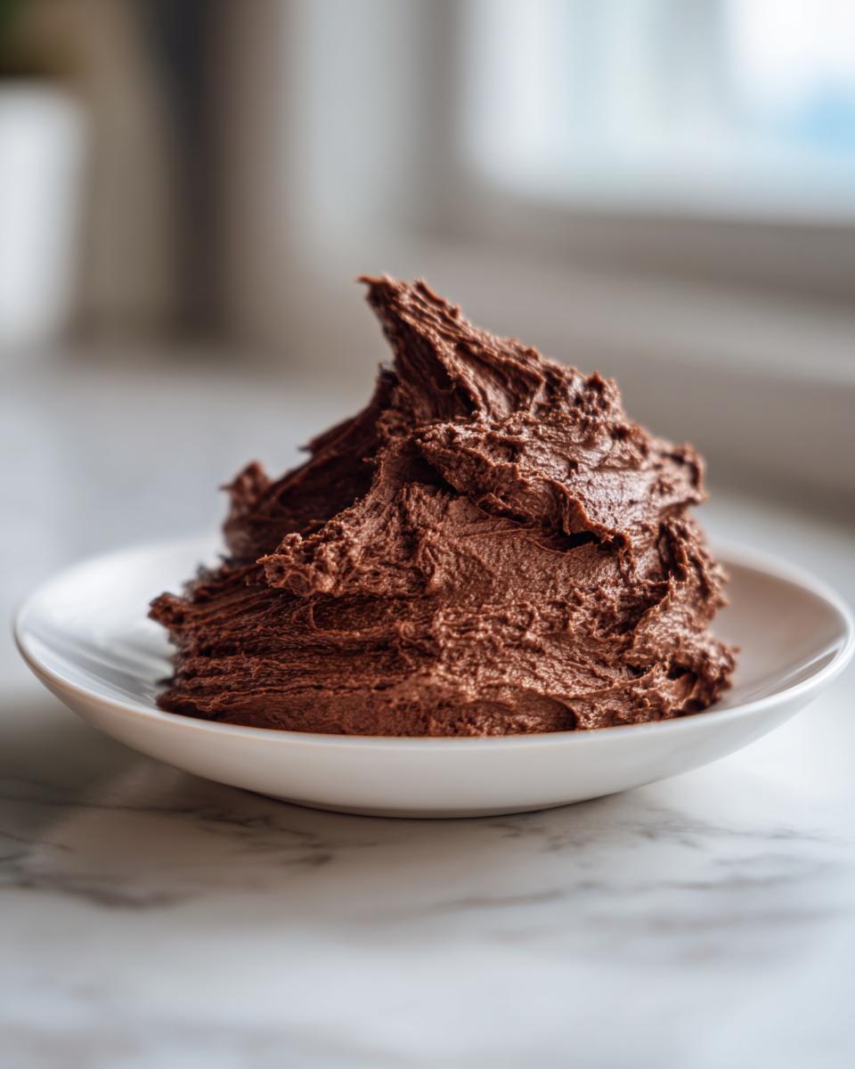 A rich, dark mound of freshly made chocolate frosting piped onto a small white dish.