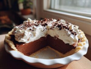 A rich french silk pie in a white dish with a slice removed, topped with whipped cream and chocolate shavings.