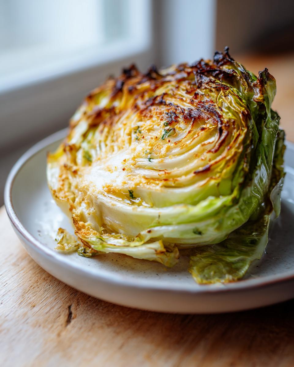 A perfectly roasted half of a cabbage recipe, showing caramelized, browned edges and tender interior layers on a white plate.