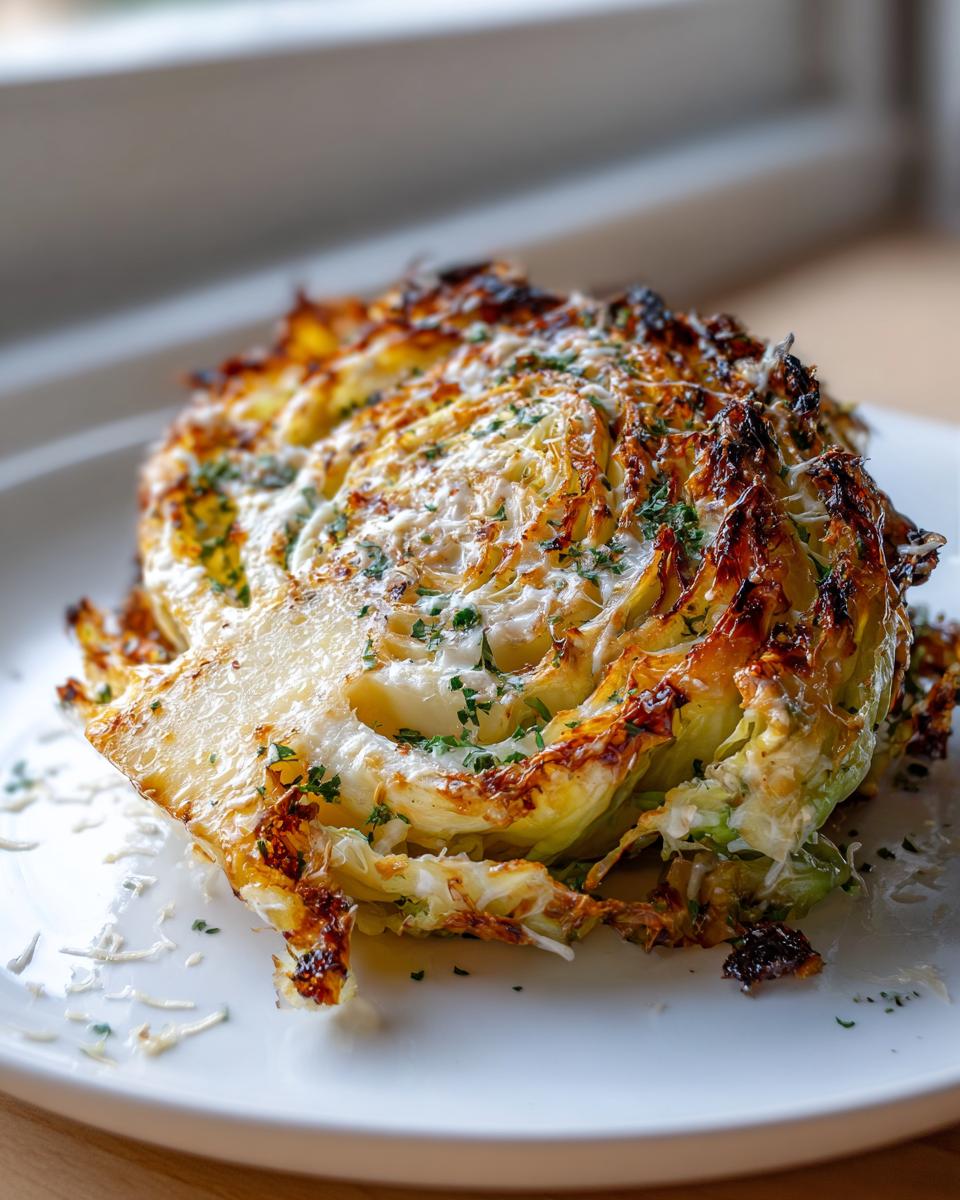 A roasted cabbage recipe wedge topped with melted cheese, sauce, and fresh parsley garnish.
