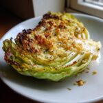 A roasted cabbage recipe wedge served on a white plate with a golden, cheesy, and herbed crust.