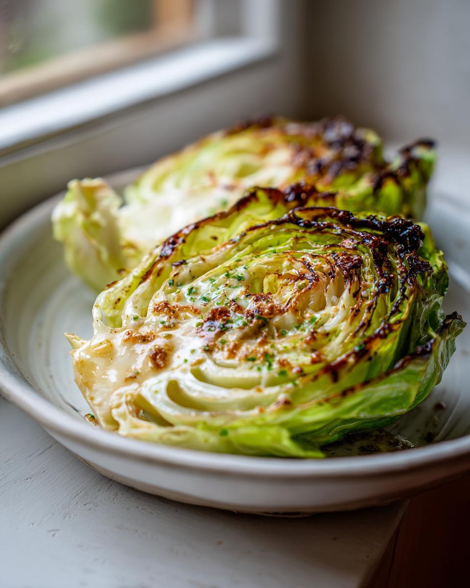 Two roasted cabbage wedges topped with a creamy sauce and herbs, a perfect cabbage recipe.