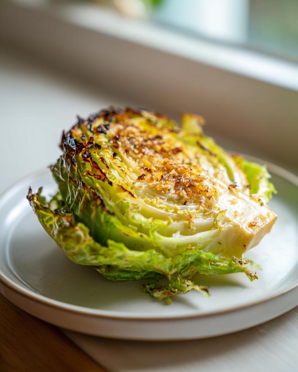 A roasted half of a green cabbage wedge served on a light plate, featuring a golden, crispy topping. This is a great cabbage recipe.