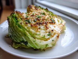 Close-up of a roasted cabbage recipe wedge served on a white plate, topped with browned cheese and parsley.