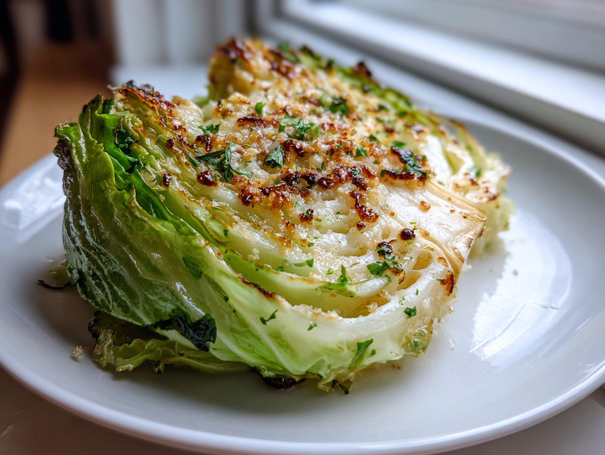 Close-up of a roasted cabbage recipe wedge served on a white plate, topped with browned cheese and parsley.