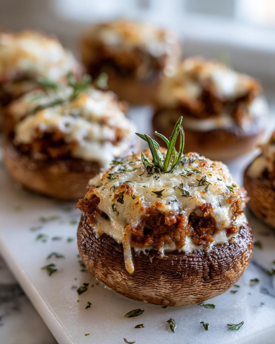 A close-up of one perfectly baked sausage stuffed mushrooms topped with melted cheese and a sprig of rosemary.