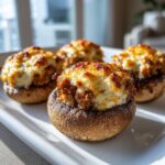 Four perfectly baked sausage stuffed mushrooms with a golden, cheesy, browned topping served on a white platter.