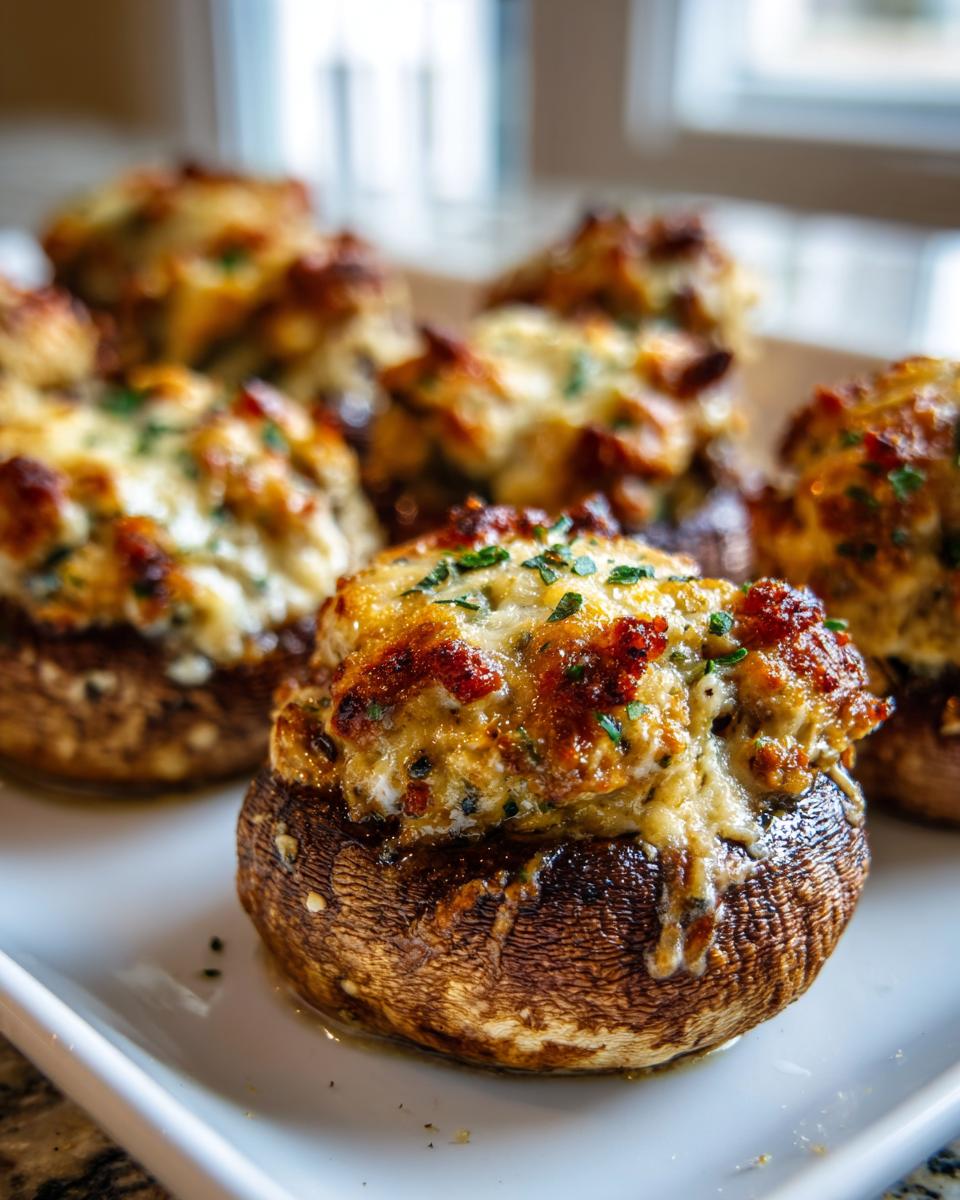 Close-up of golden brown sausage stuffed mushrooms topped with melted cheese and parsley.