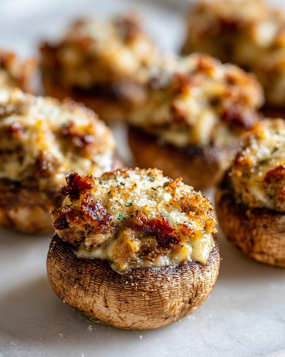 A close-up of one perfectly baked sausage stuffed mushrooms, topped with melted cheese and breadcrumbs.