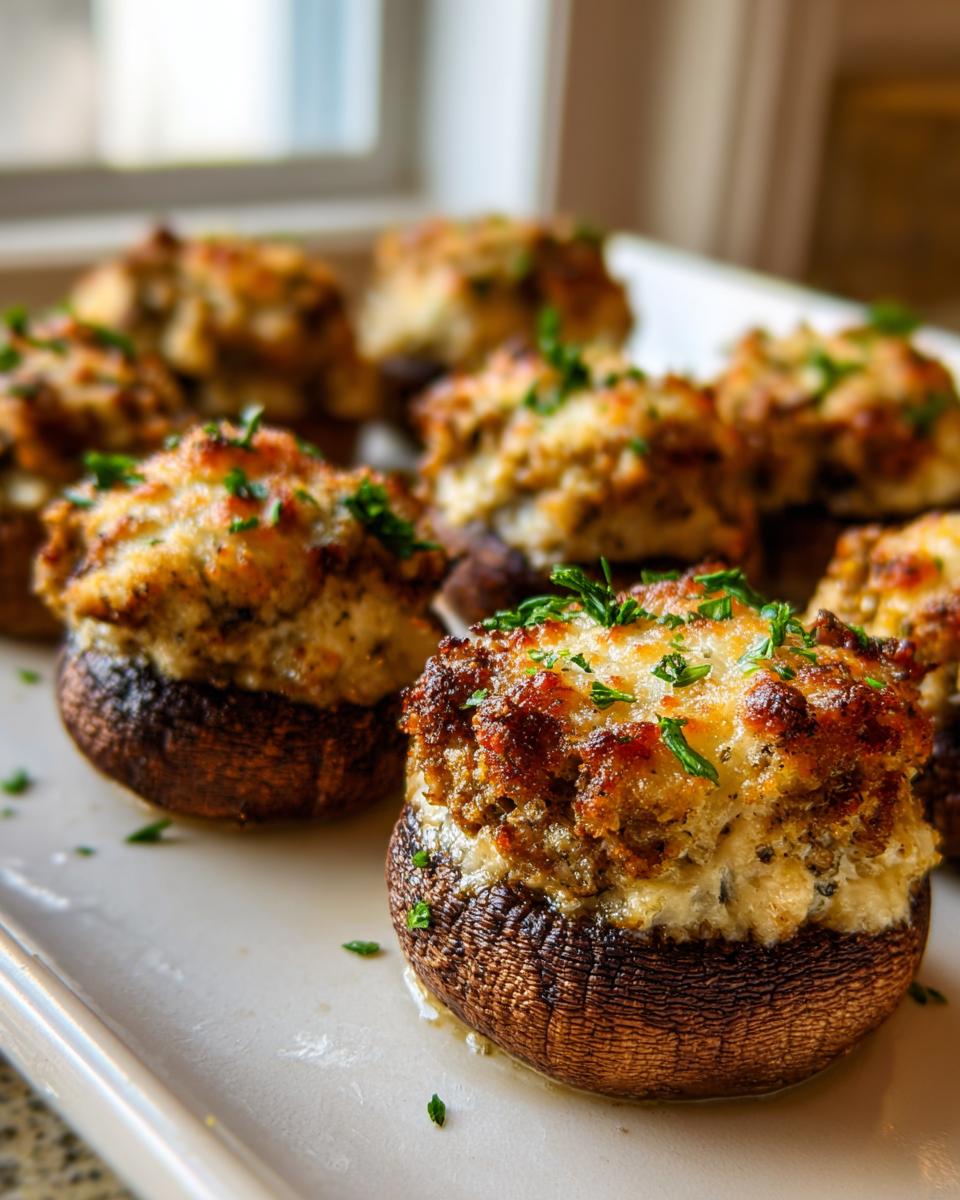Close-up of baked sausage stuffed mushrooms topped with melted cheese and fresh parsley on a white platter.