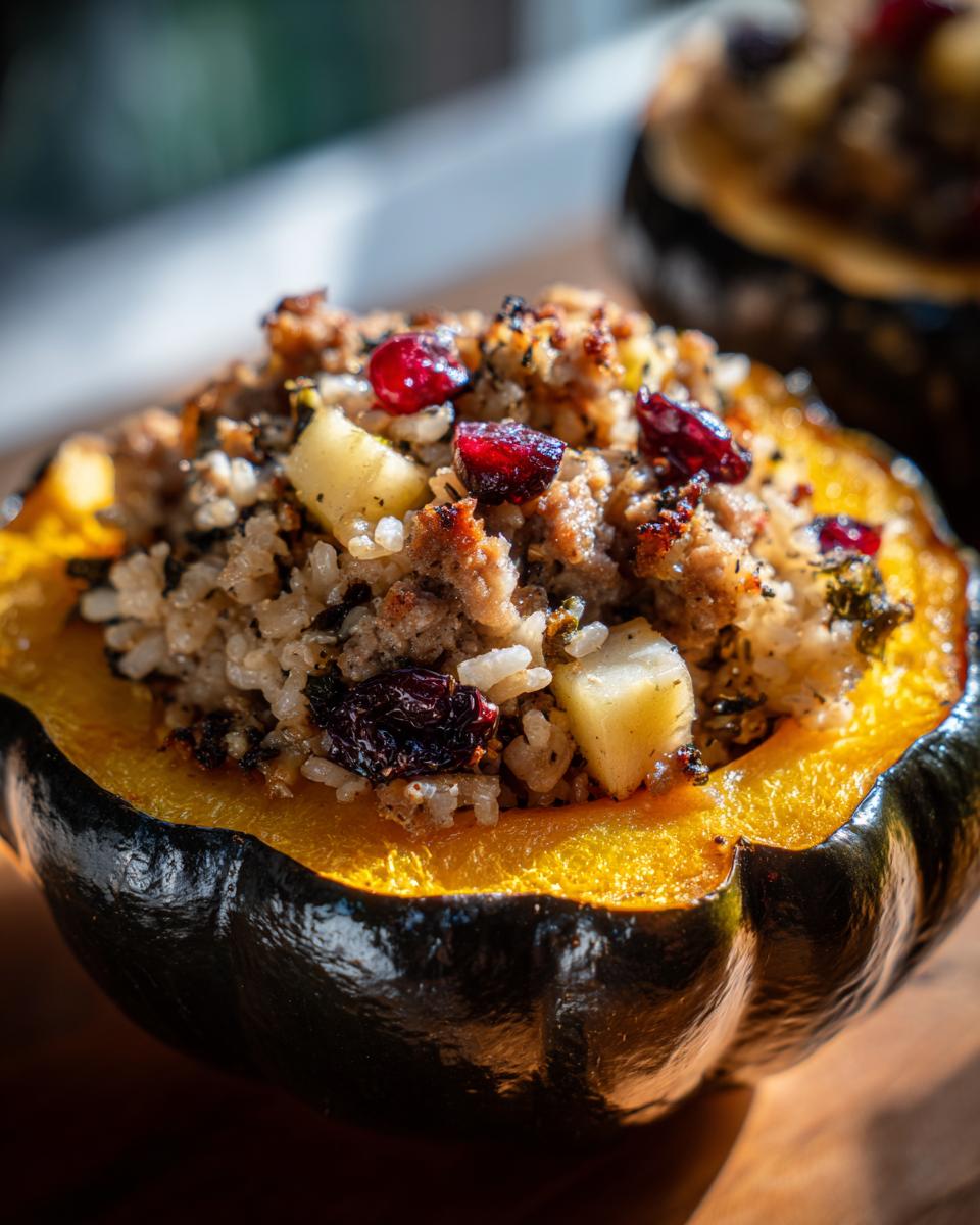 A close-up of a baked acorn squash half filled with savory stuffing featuring rice, ground meat, diced apples, and dried cranberries, showcasing the stuffed acorn squash.