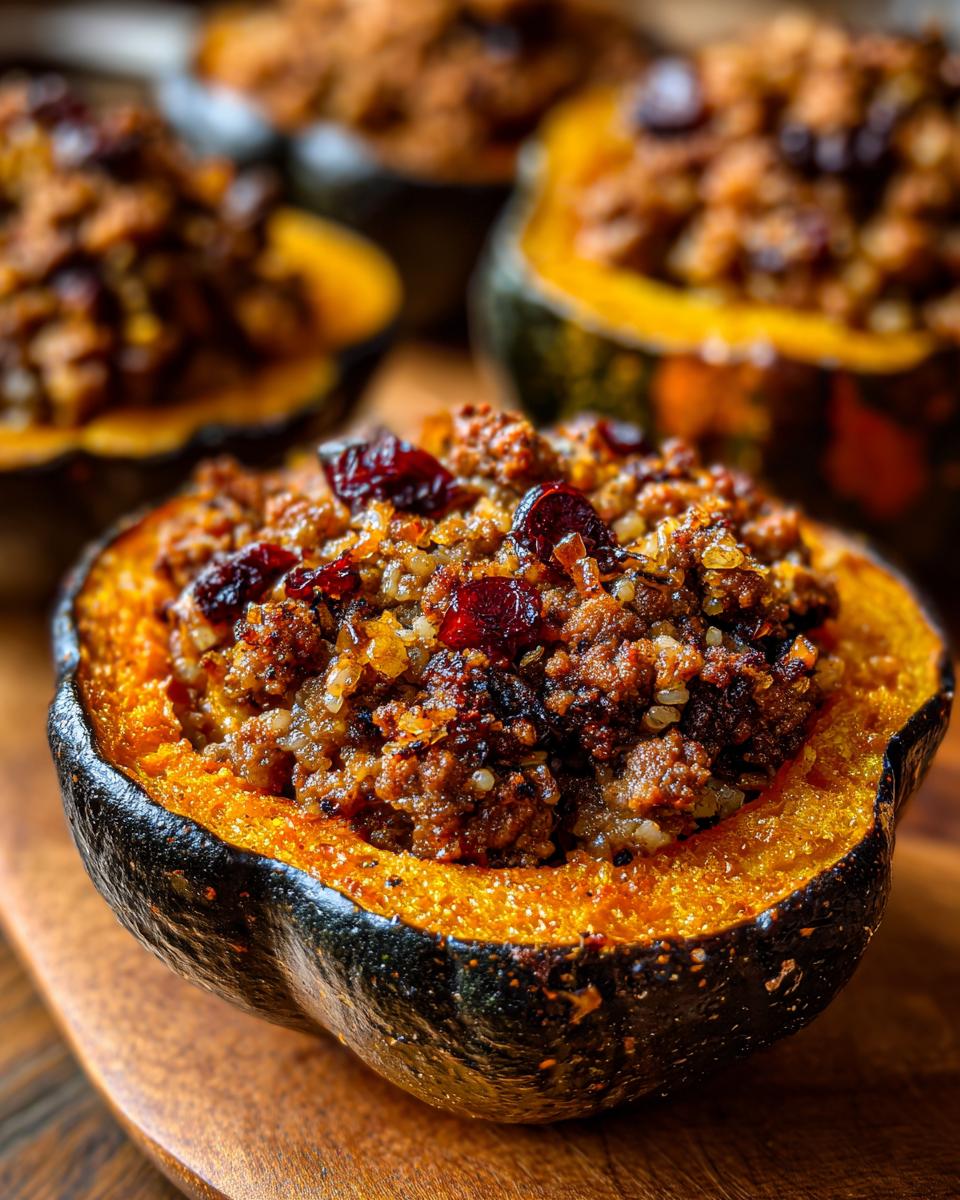 A close-up of a roasted acorn squash half filled with savory stuffing, featuring ground meat, grains, and dried cranberries for a delicious stuffed acorn squash.