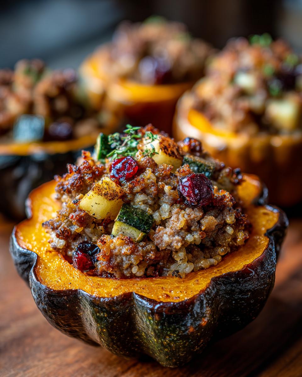 A close-up of a perfectly baked stuffed acorn squash half filled with a savory mixture of ground meat, quinoa, zucchini, and dried cranberries.