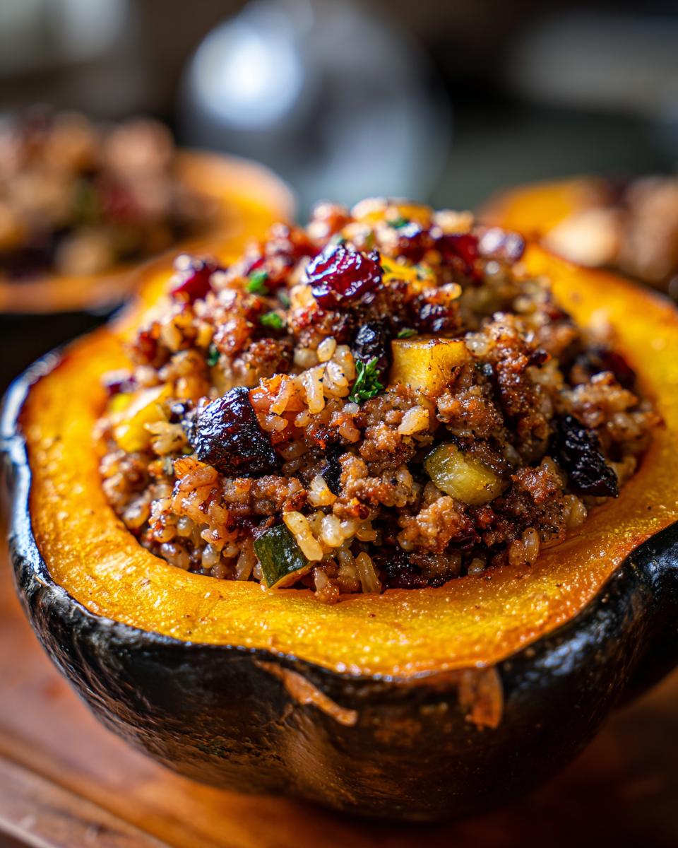Close-up of a half acorn squash filled with a savory stuffing mixture featuring rice, ground meat, and dried cranberries for stuffed acorn squash.
