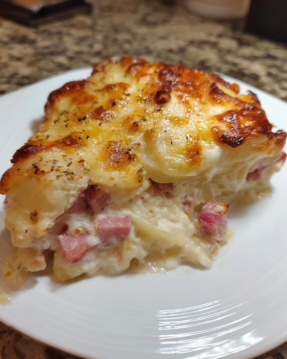 A close-up of a serving of scalloped potatoes and ham, creamy and topped with browned, melted cheese.