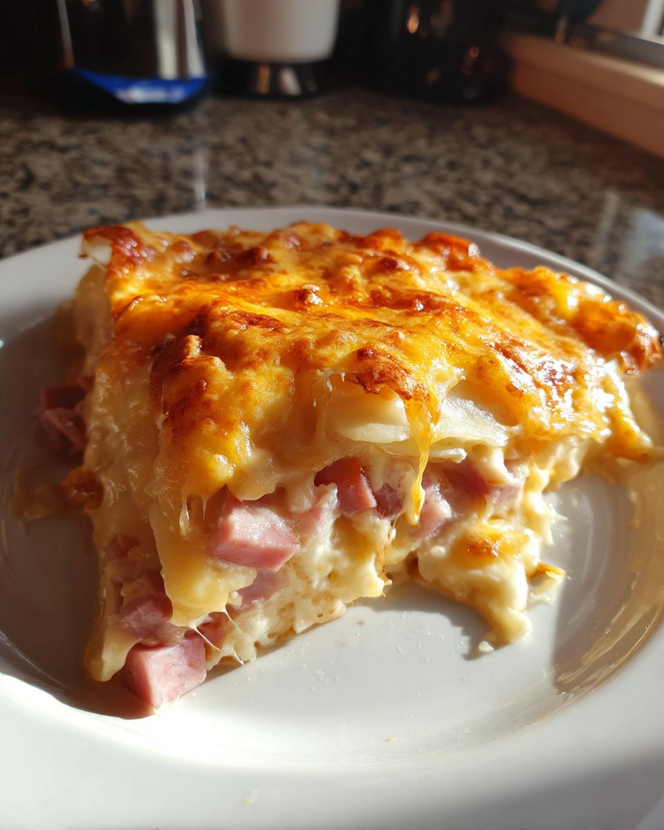 A generous slice of cheesy scalloped potatoes and ham with melted golden cheese topping on a white plate.