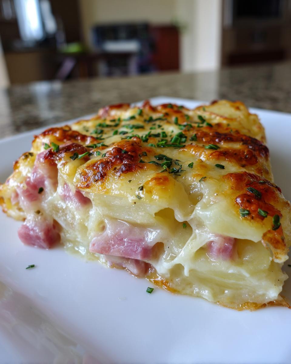 A close-up slice of cheesy scalloped potatoes and ham, showing layers of potatoes and pink ham chunks, topped with browned cheese and chives.