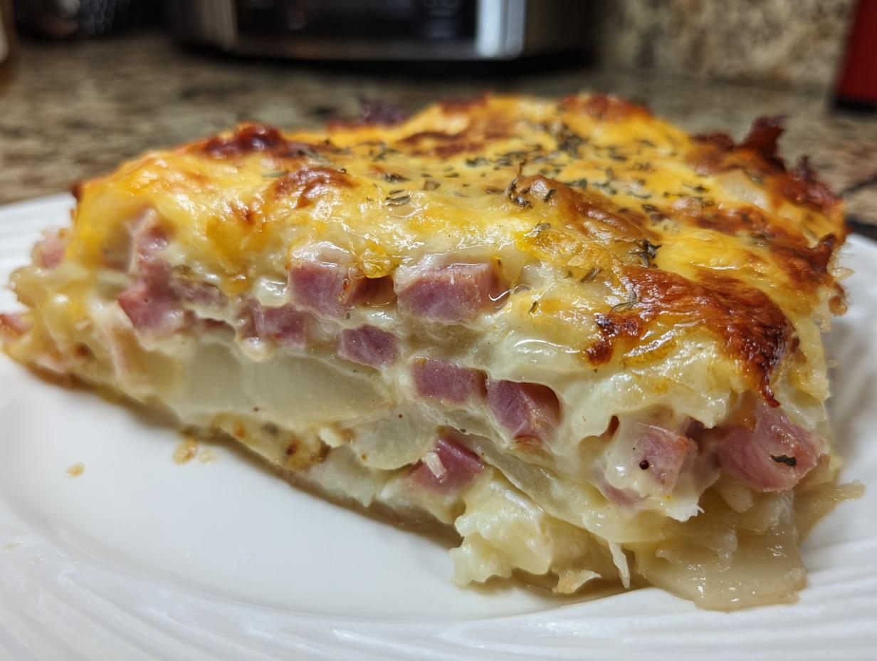 Close-up of a thick slice of scalloped potatoes and ham baked in a creamy sauce and topped with melted, browned cheese.