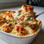 A spoonful of creamy filling with chicken, peas, and carrots being lifted from a baking dish of slow cooker chicken pot pie.
