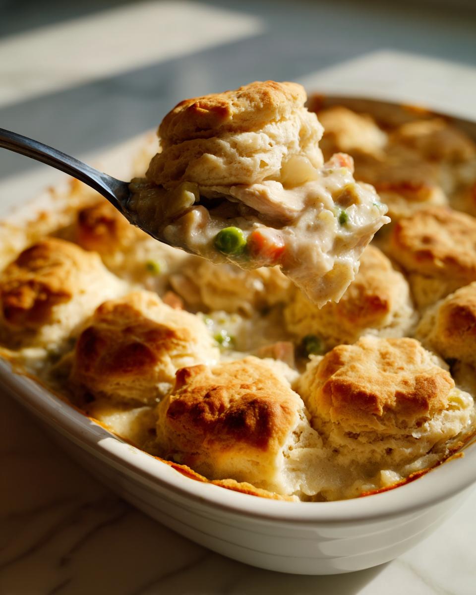 A spoonful of creamy filling and biscuit topping lifted from a dish of slow cooker chicken pot pie.
