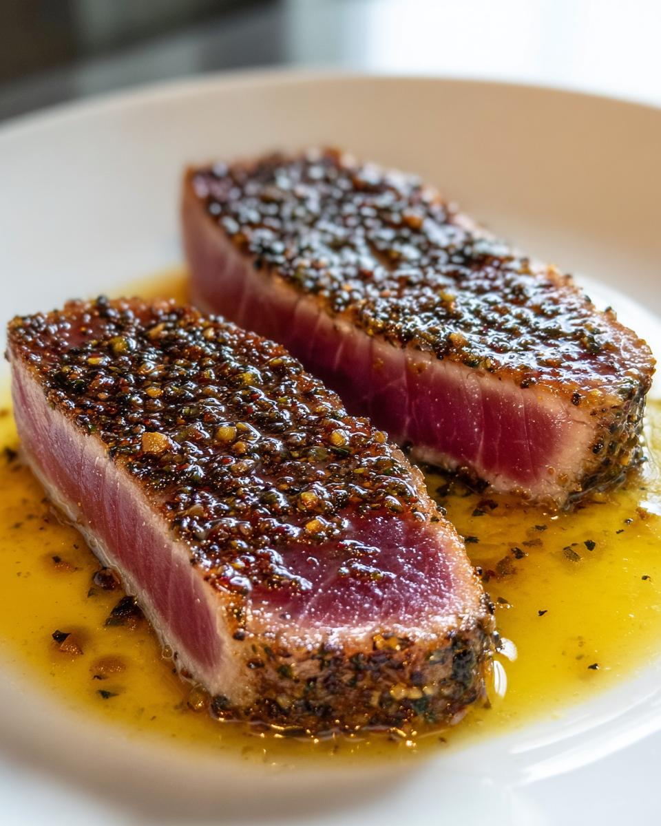 Two perfectly seared slices of pepper-crusted tuna steak, showing a rare, pink center, resting in yellow pan juices.