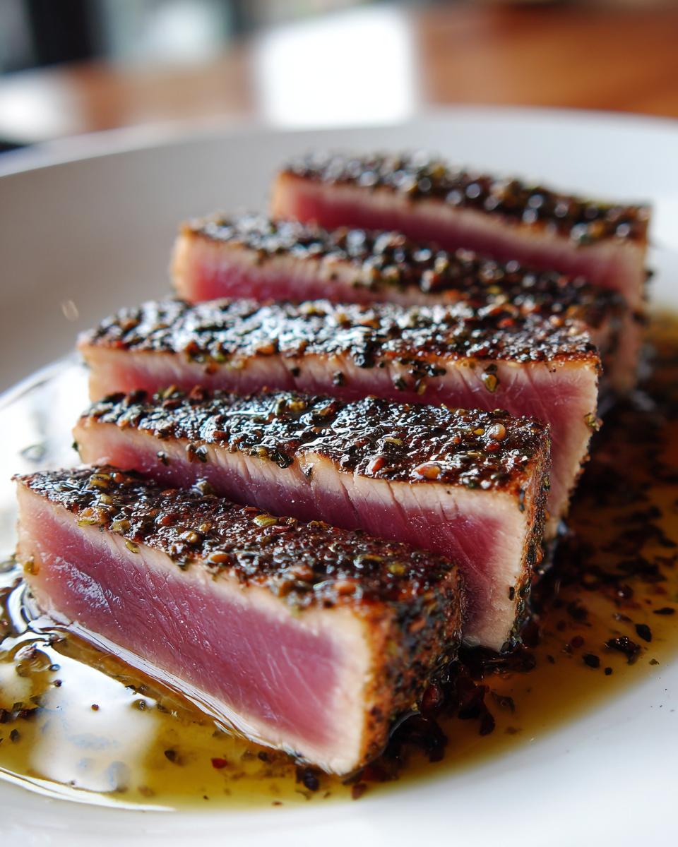 Four thick slices of perfectly seared tuna steak, showing a bright pink rare center and a dark spice crust, resting in pan juices.