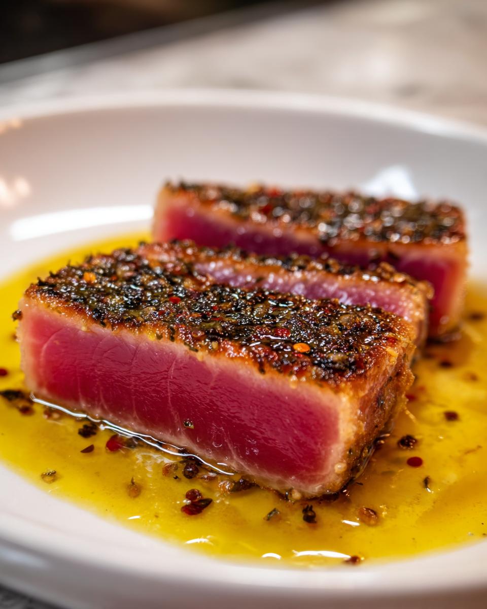 Close-up of two slices of perfectly seared tuna steak with a dark spice crust resting in yellow sauce.