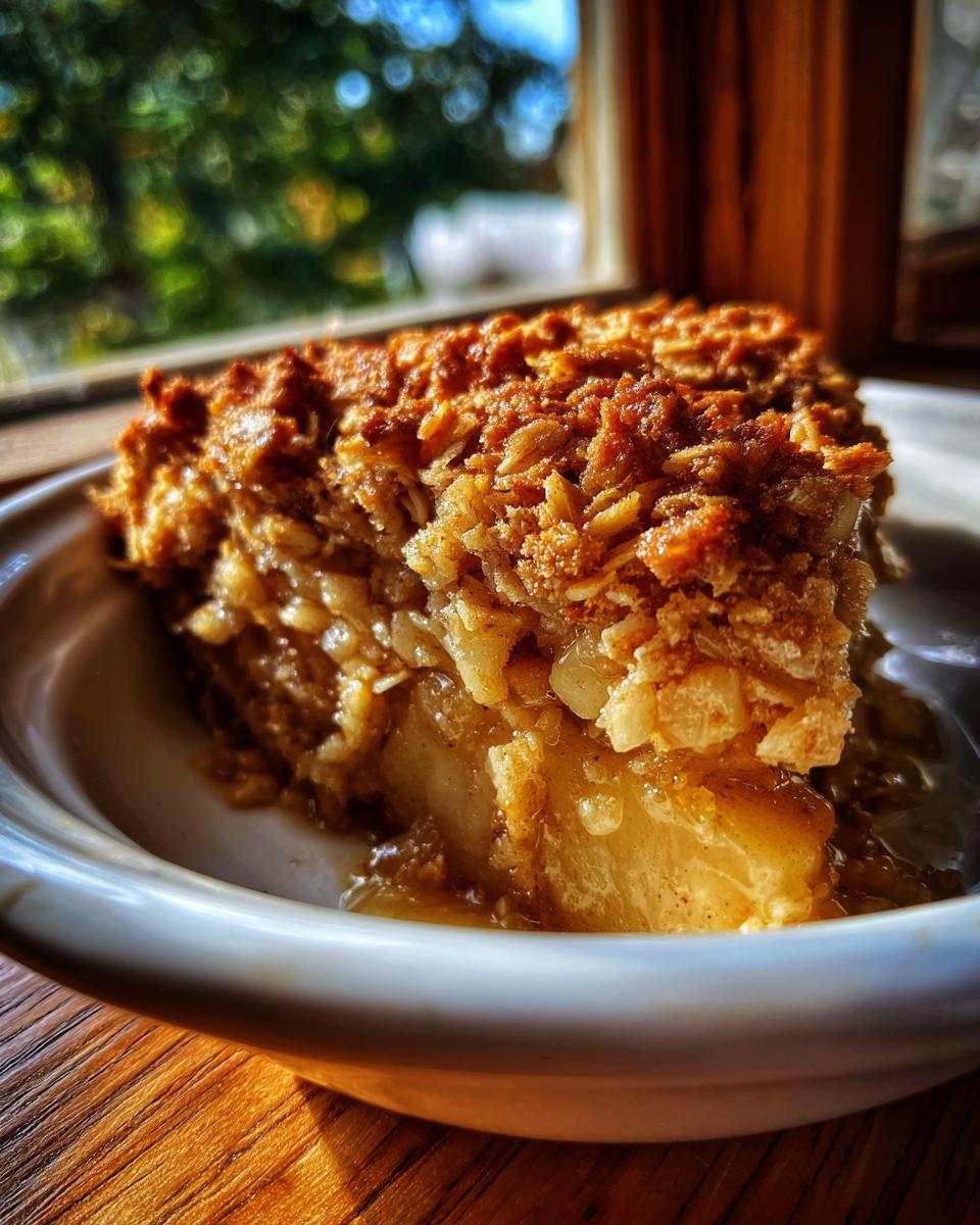 Close-up of a warm serving of apple crisp recipe with a thick, crunchy oat topping and soft baked apples.