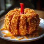 A festive pumpkin cheese ball coated in crunchy orange crumbs, featuring vertical red lines and a red stem, served on a white plate.