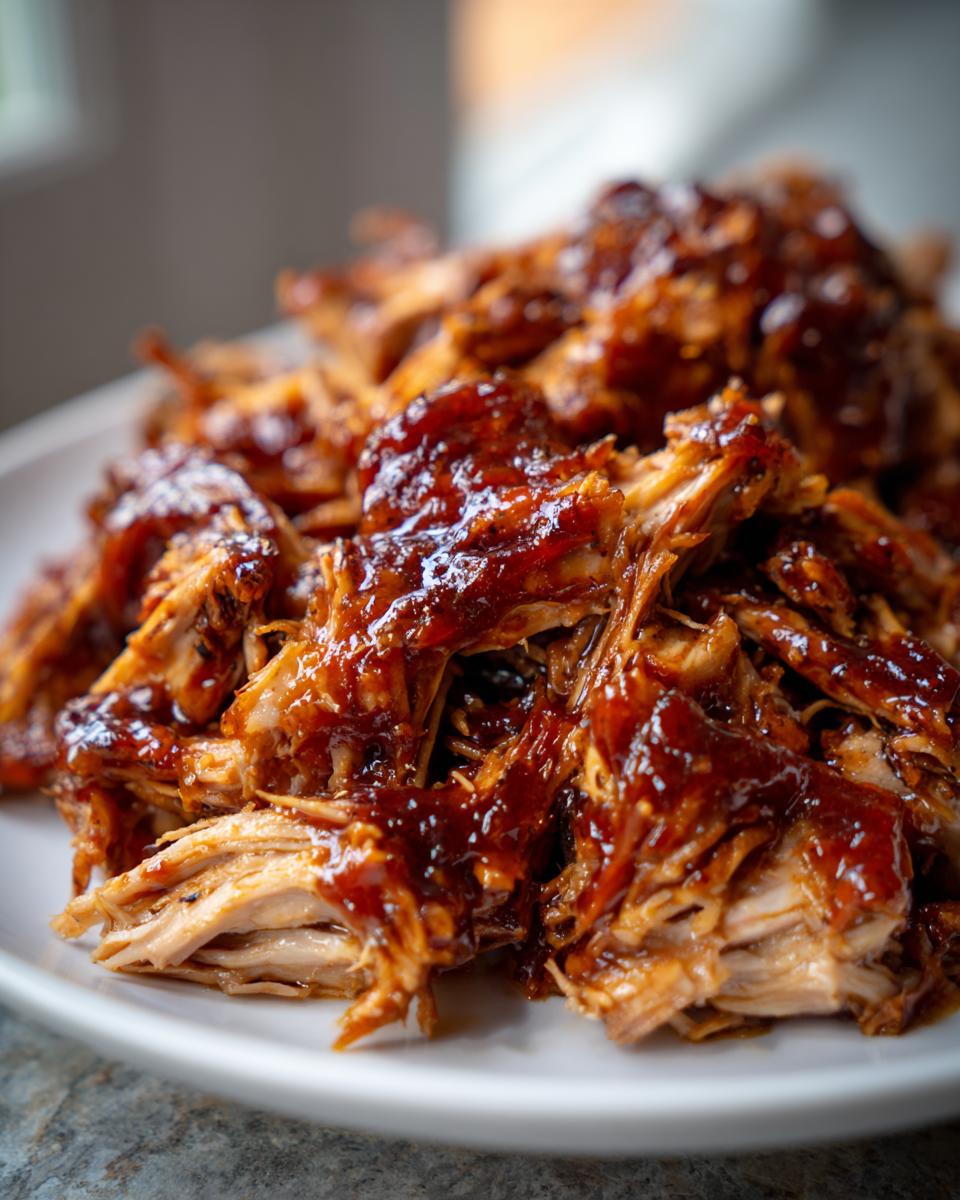 Close-up of shredded crockpot teriyaki chicken coated in a thick, glossy teriyaki sauce on a white plate.