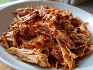 Close-up of tender, shredded crockpot teriyaki chicken coated in a glossy, dark sauce on a white plate.